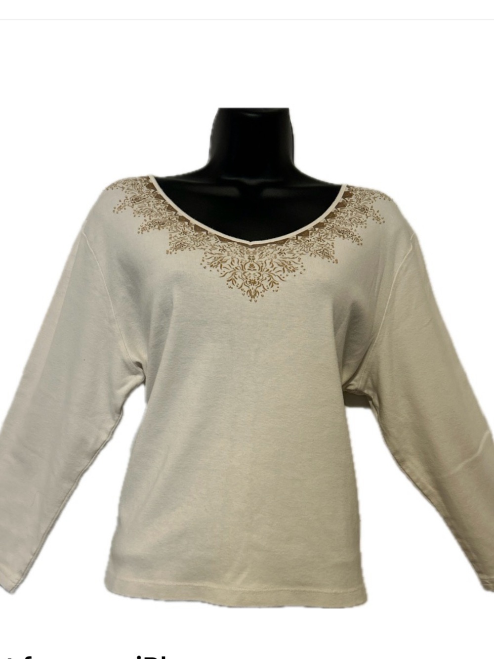 Emma James Cream Long Sleeve Top with Gold Neck Embroidery